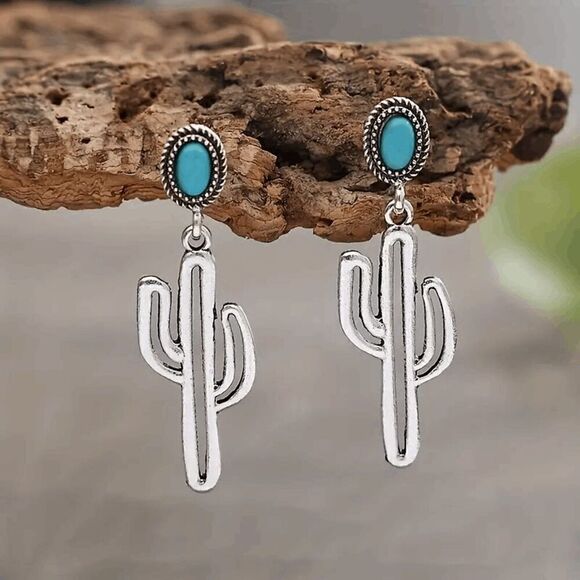 Cactus Shaped Silver Turquoise Dangle Earrings - Picture 2 of 6